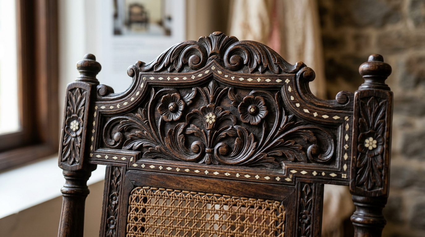 Intricate floral carvings on antique Indo-Portuguese rosewood furniture showing cultural design shifts.