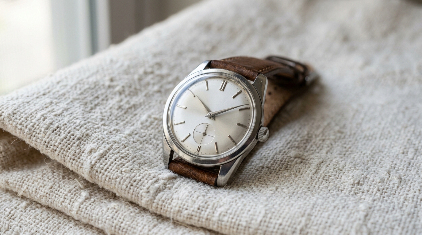 Vintage mechanical wristwatch resting on textured white hand-spun Khadi cotton fabric.