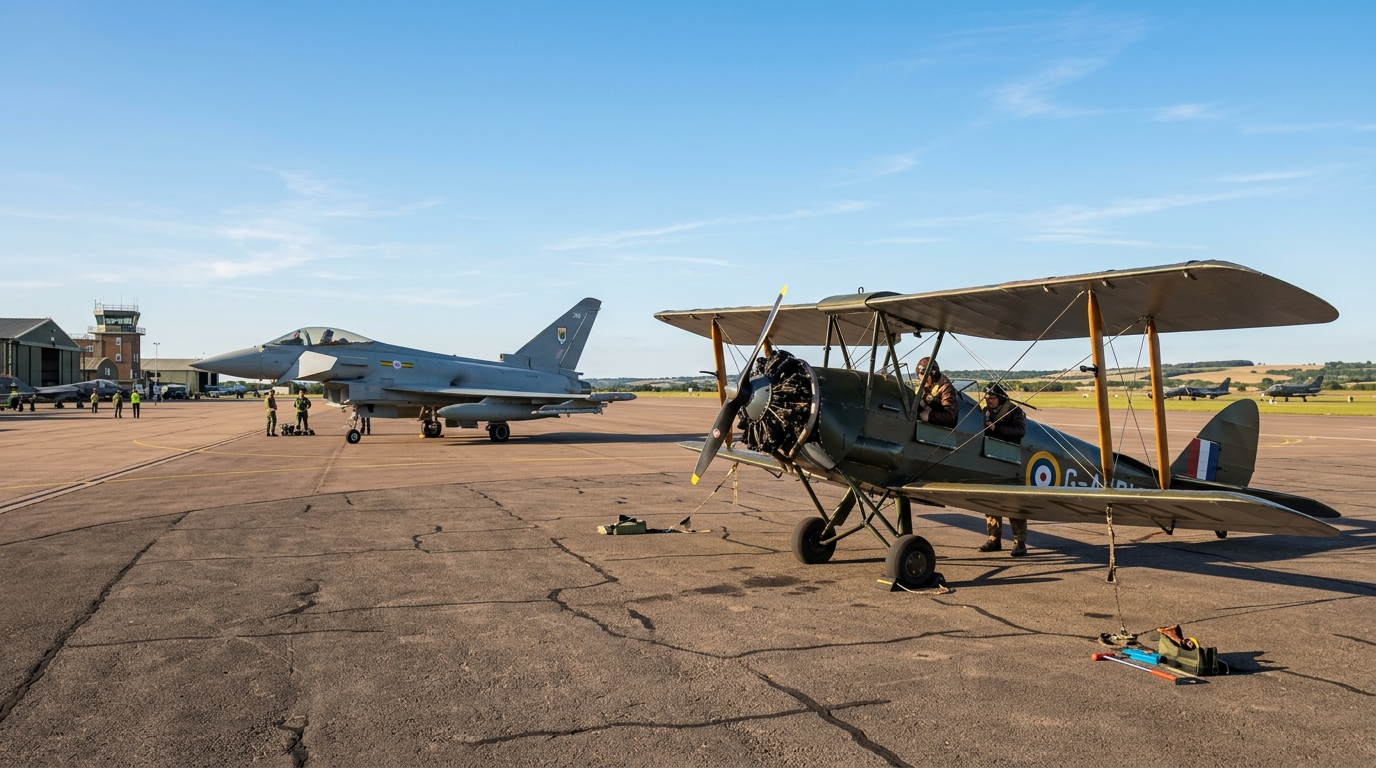 Vintage biplane and modern fighter jet on a tarmac showcasing Indian military aviation evolution.