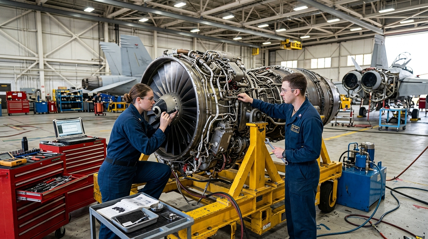 Aviation technicians inspecting a jet engine inside an Indian military maintenance and repair hangar.