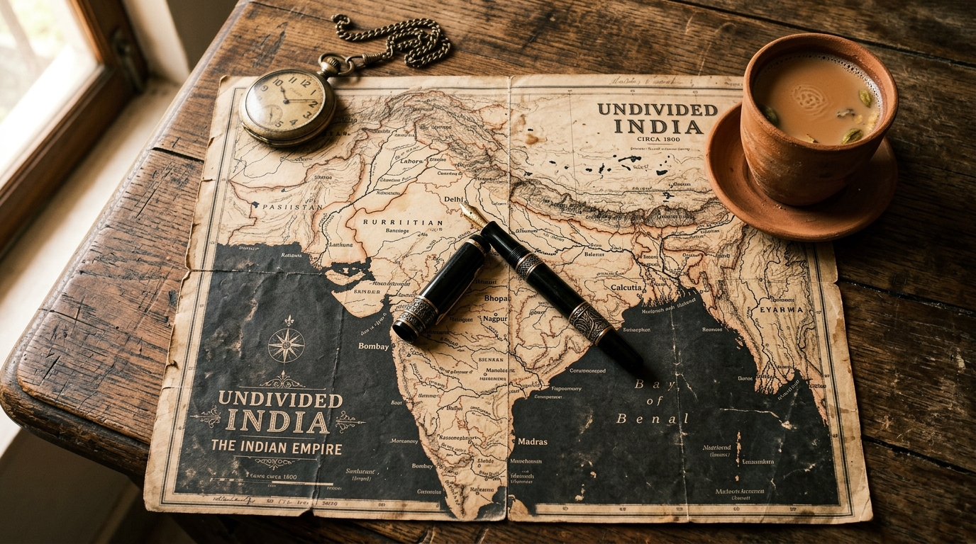 Vintage map of India with two fountain pens symbolizing historical partnerships and collaboration.