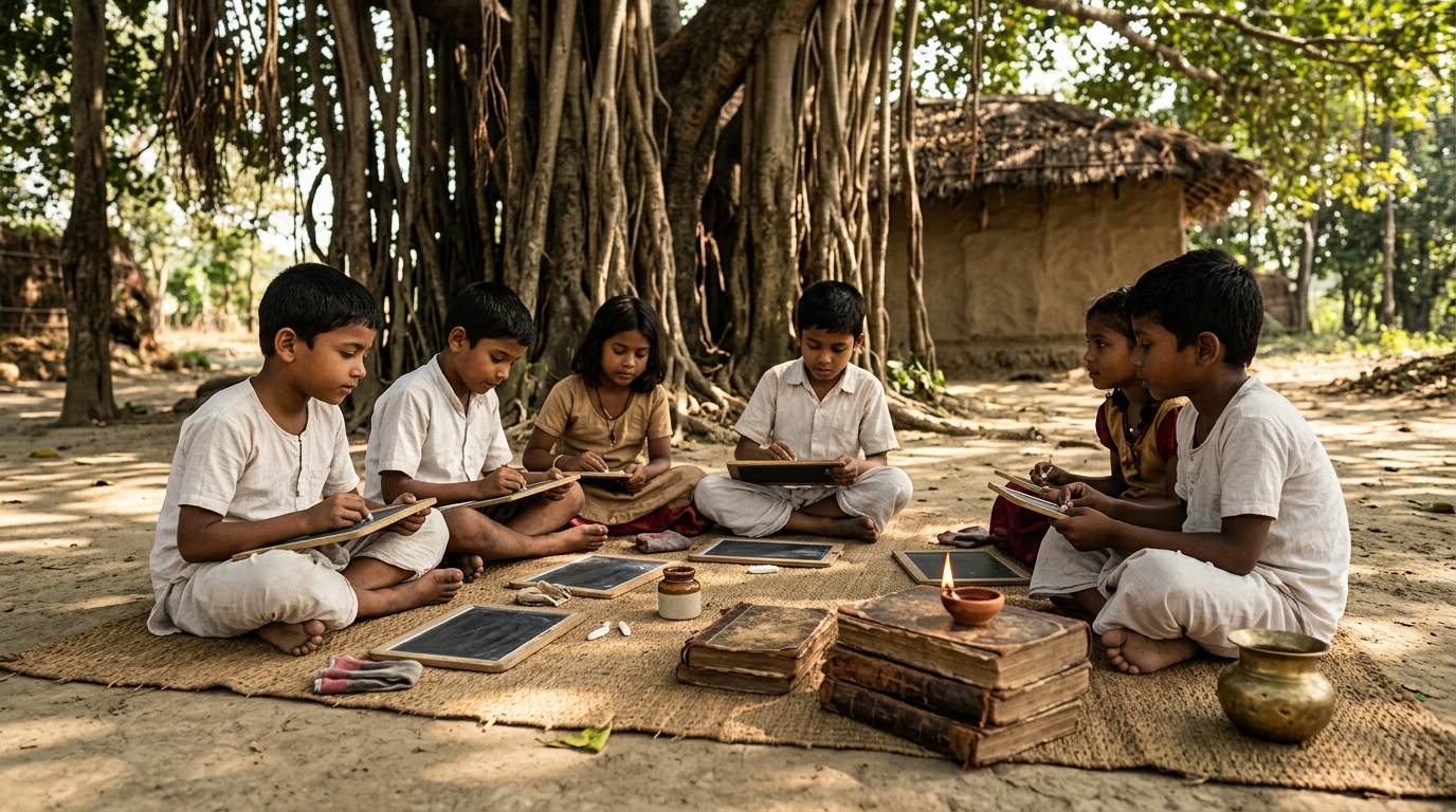 Traditional 19th-century Indian classroom setup with slate boards and books symbolizing educational reform.