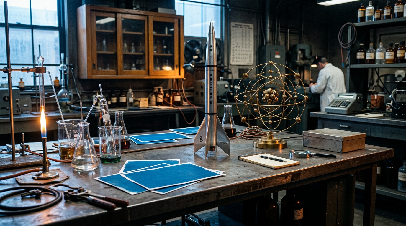 Vintage 1950s scientific laboratory with rocket and atomic models representing India's scientific innovation.