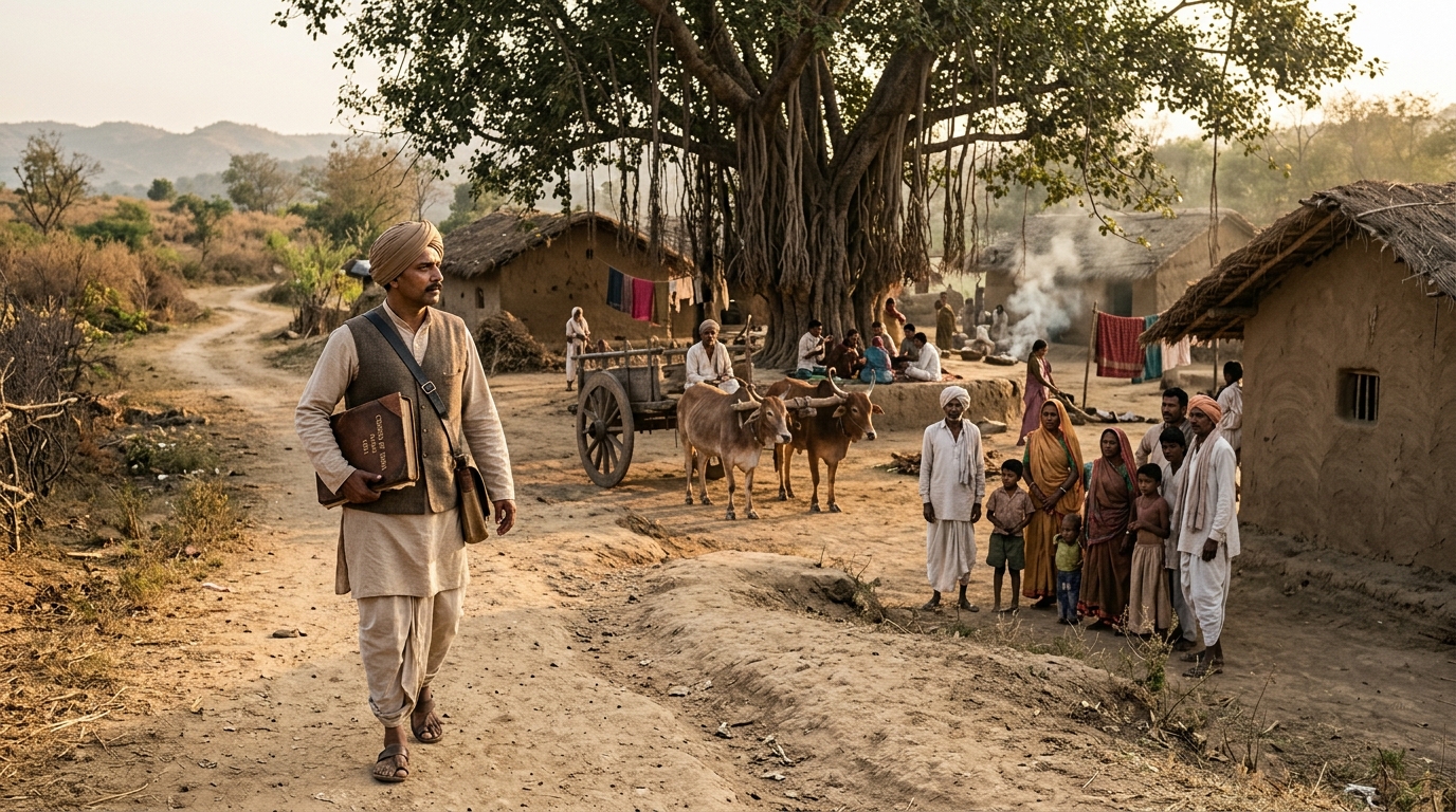 1880s Indian census enumerator with a ledger arriving at a rural village by bullock cart.
