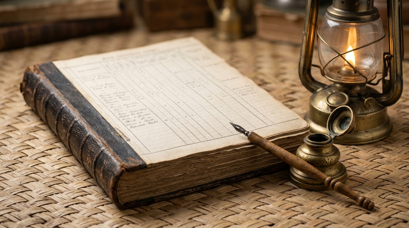 Antique 19th-century census ledger book with an inkwell and lantern on a woven mat.
