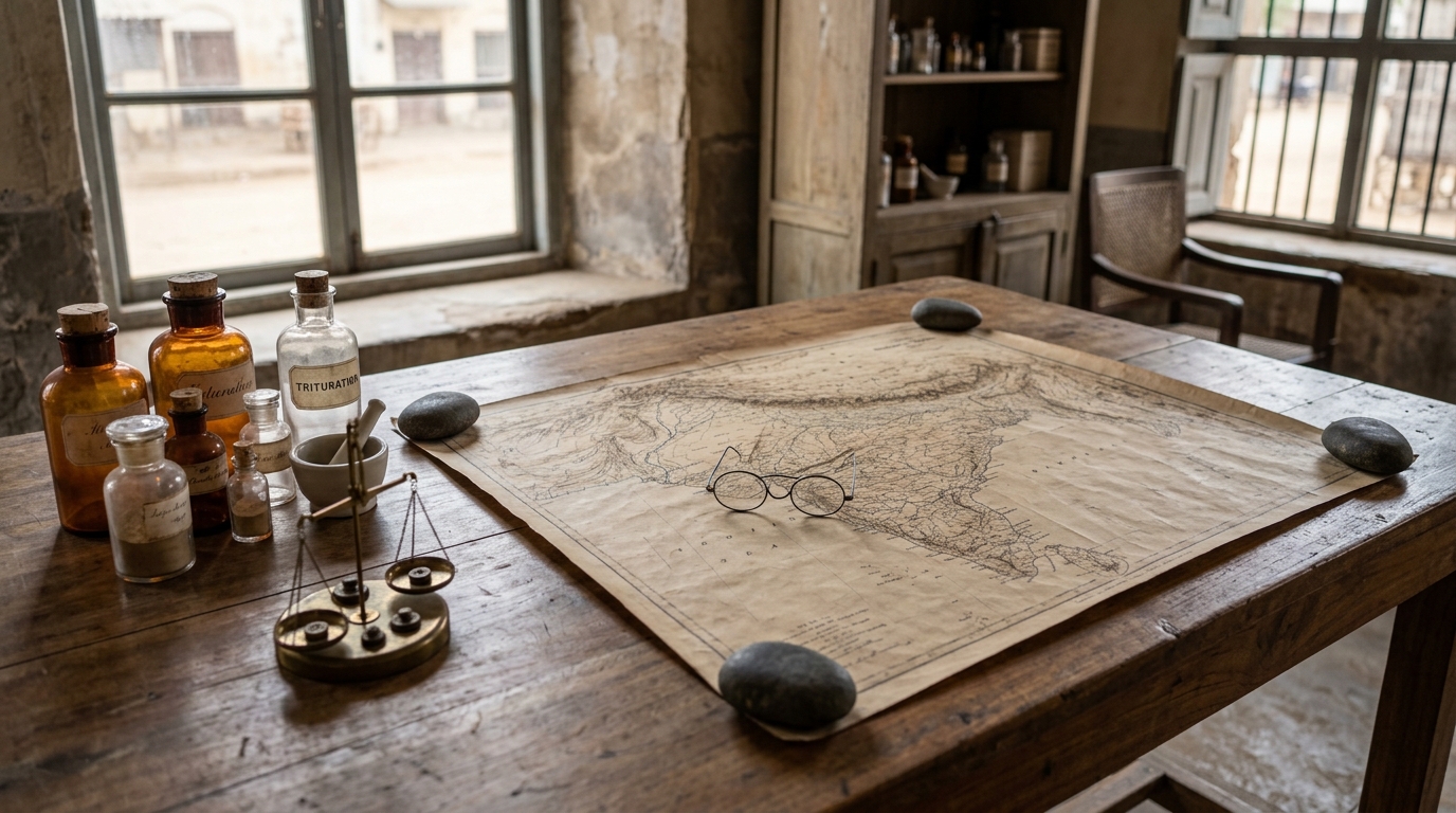 Vintage 1920s public health tools and an antique map of India on a wooden table.