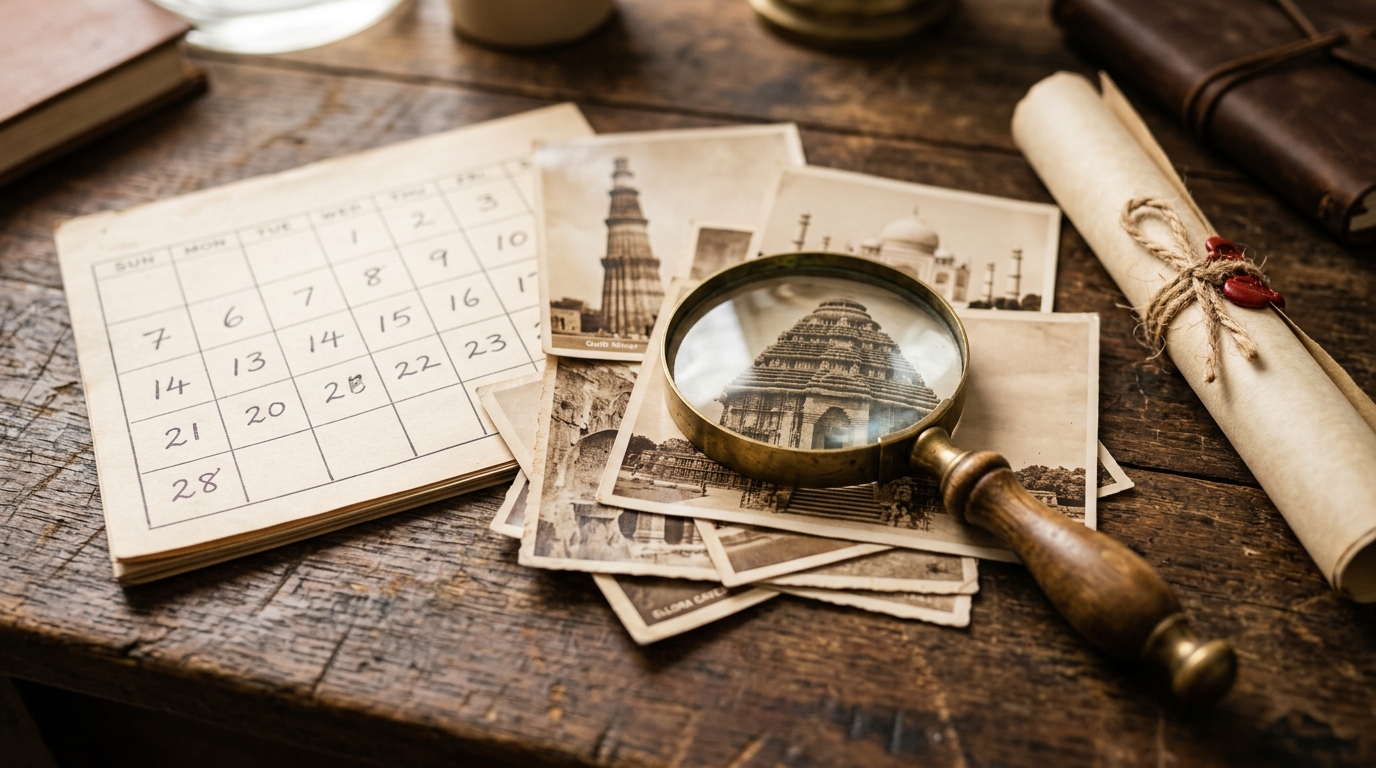 Vintage calendar and archival photographs representing February historical milestones in India and the world.