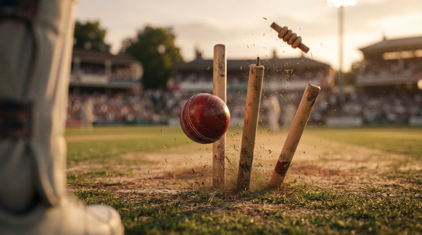 A red cricket ball knocking the bails off wooden stumps during an international match.