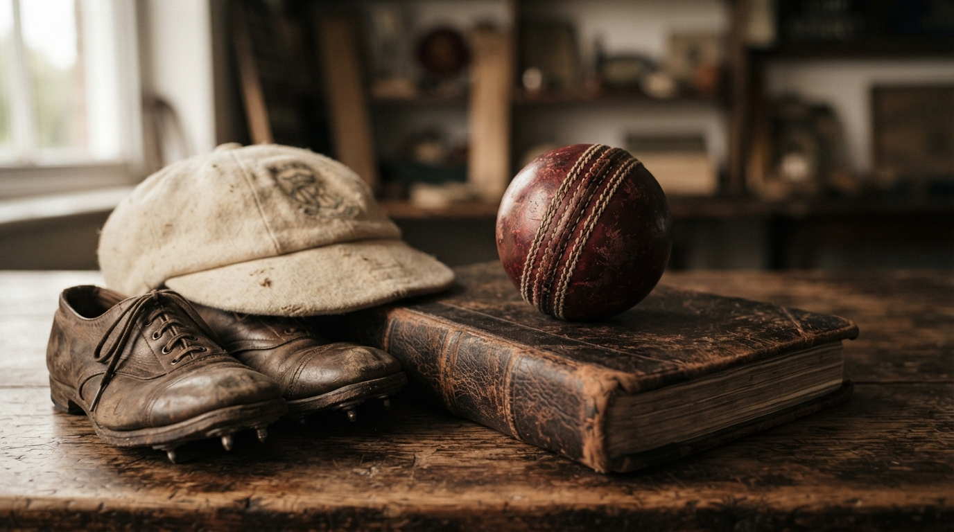 Vintage leather cricket ball and equipment representing historic early Test match bowling records.