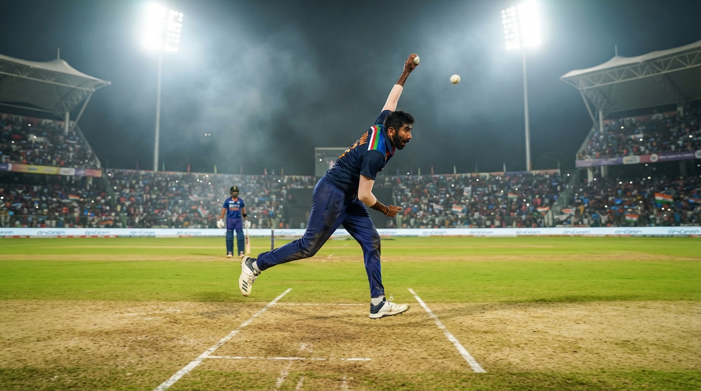 Indian fast bowler in motion delivering a ball under stadium floodlights during a match.
