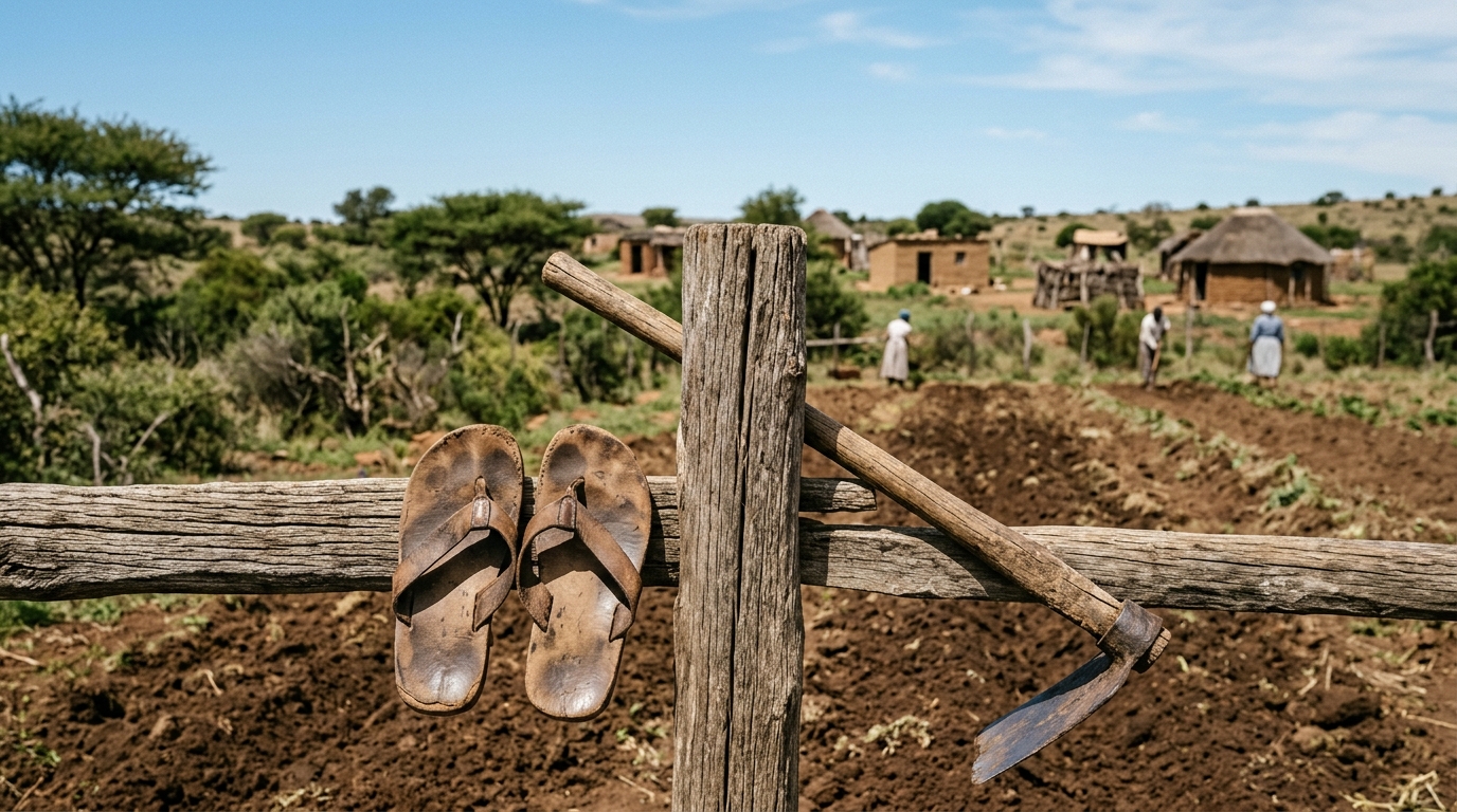 Wooden sandals and farming hoe resting near tilled soil at a rustic communal farm.
