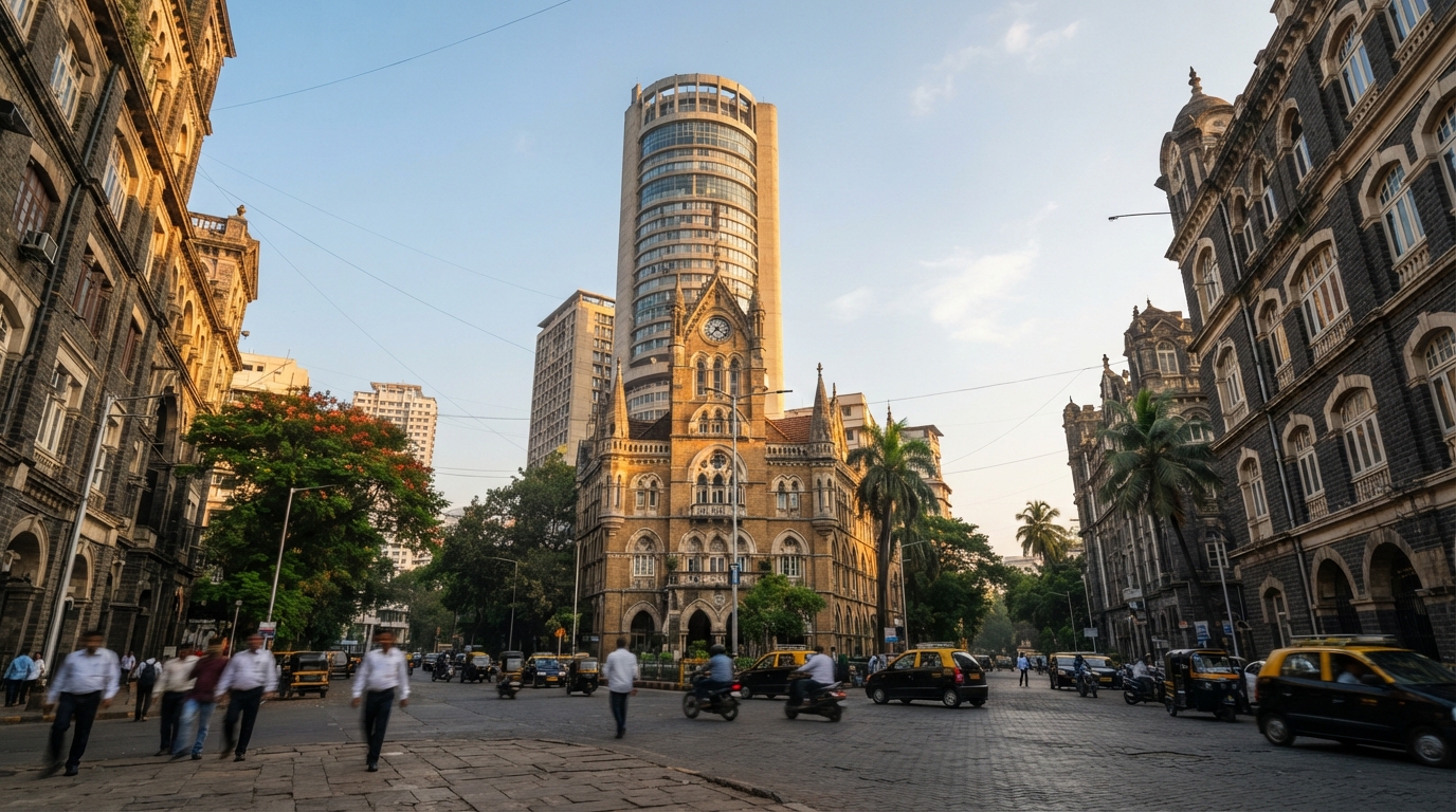 Architectural view of Mumbai financial district historic buildings representing modern Indian economic development milestones.