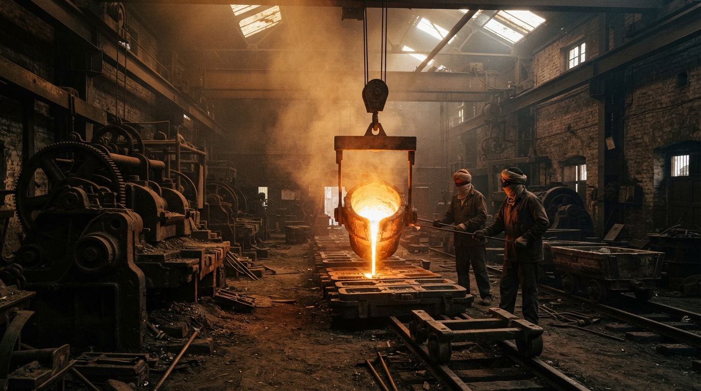 Vintage steel foundry casting molten metal representing early indigenous industrial foundations in India.