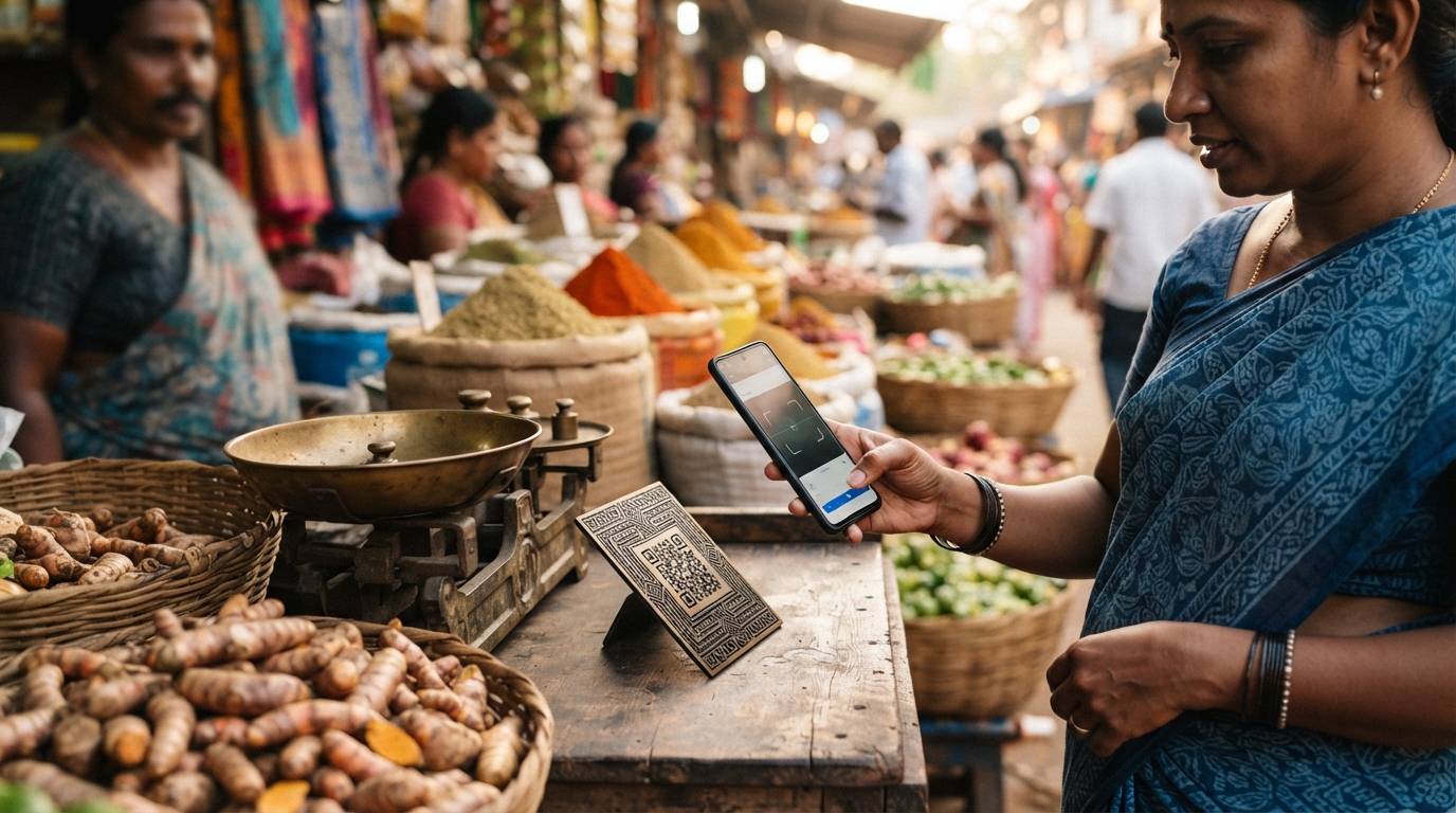 Digital QR payment stand next to traditional brass weighing scales in an Indian market.