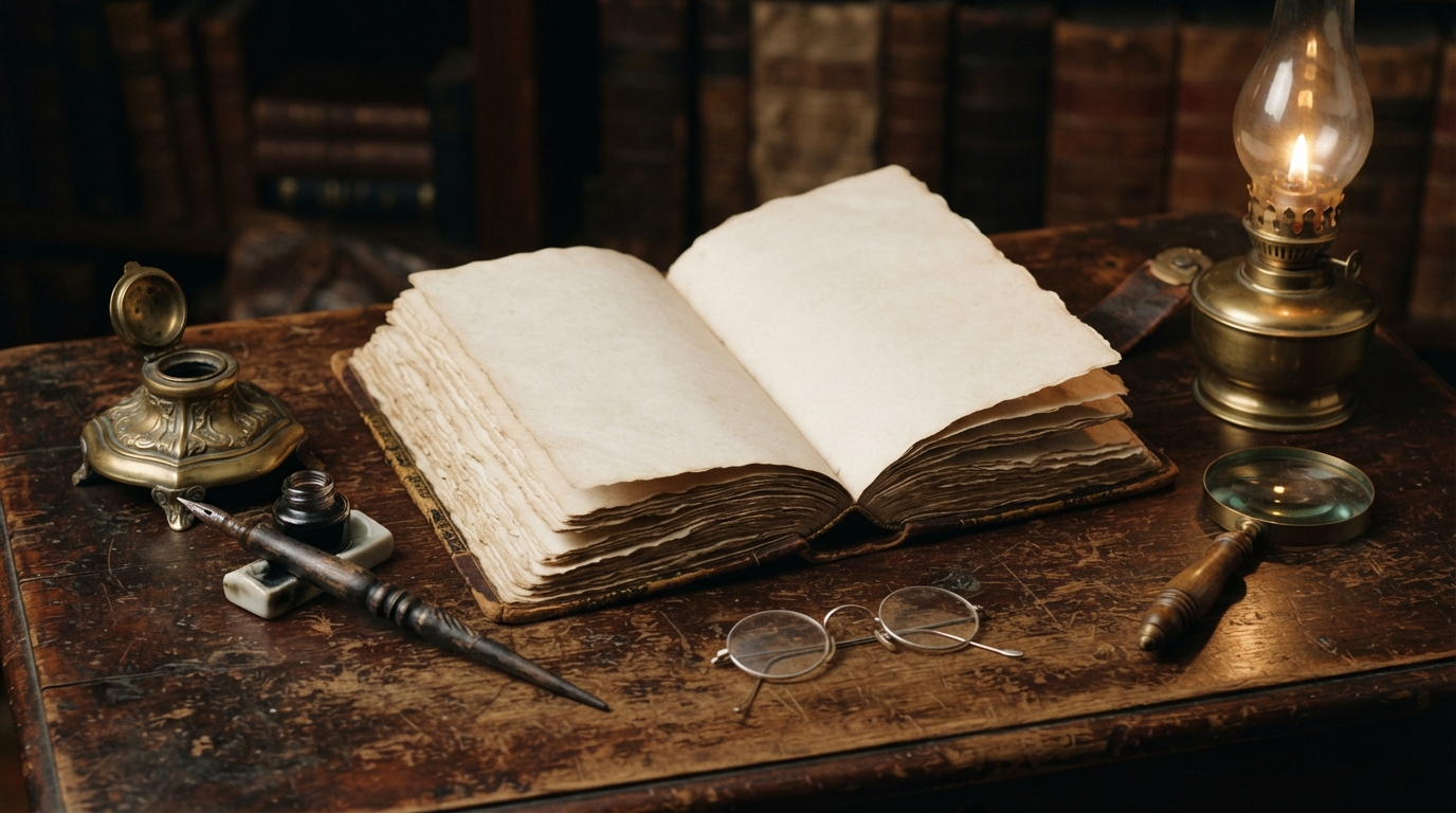 Nineteenth-century colonial archival ledgers, inkwell, and documents representing early Indian National Congress records.