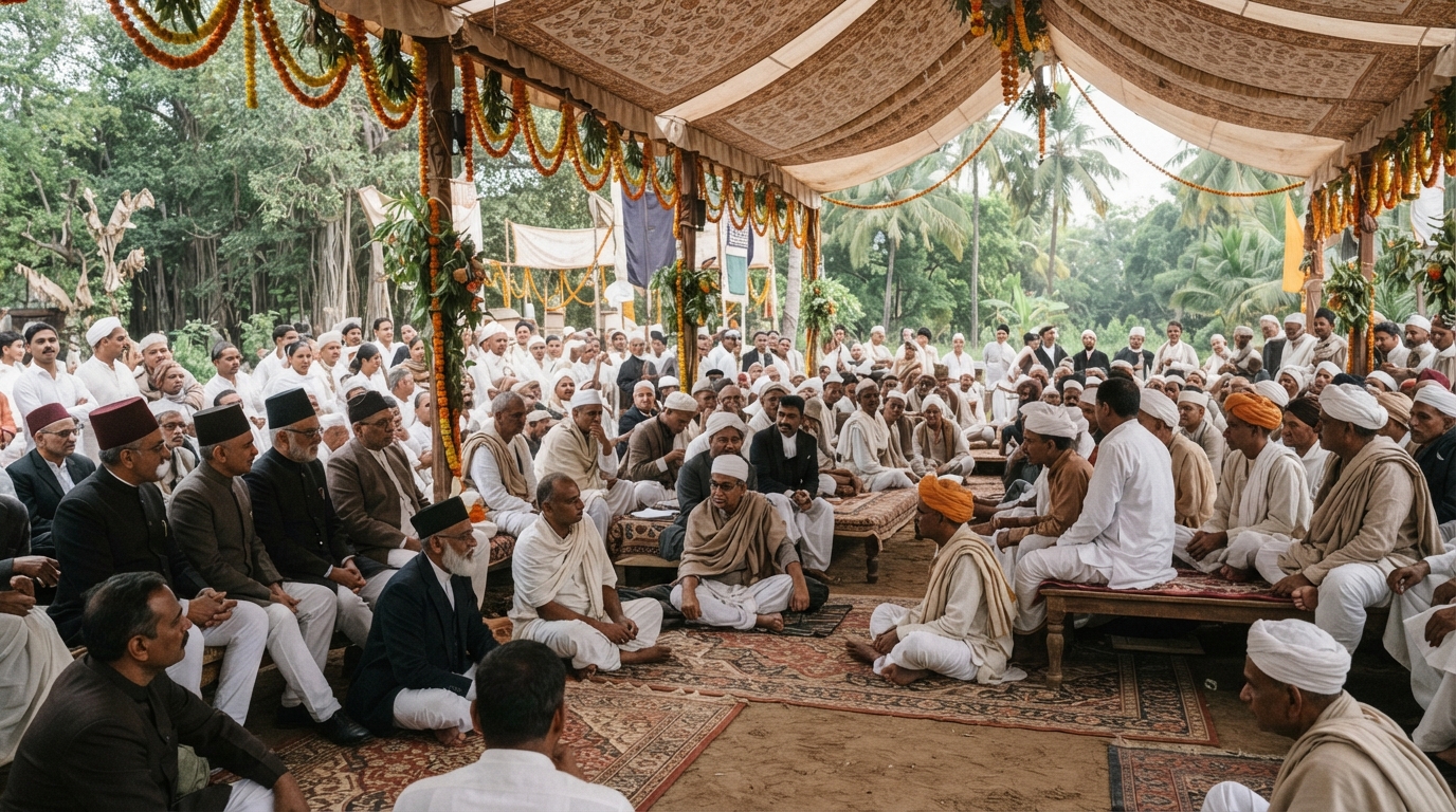 Delegates assembly under a traditional canvas pavilion during an early Indian National Congress session.
