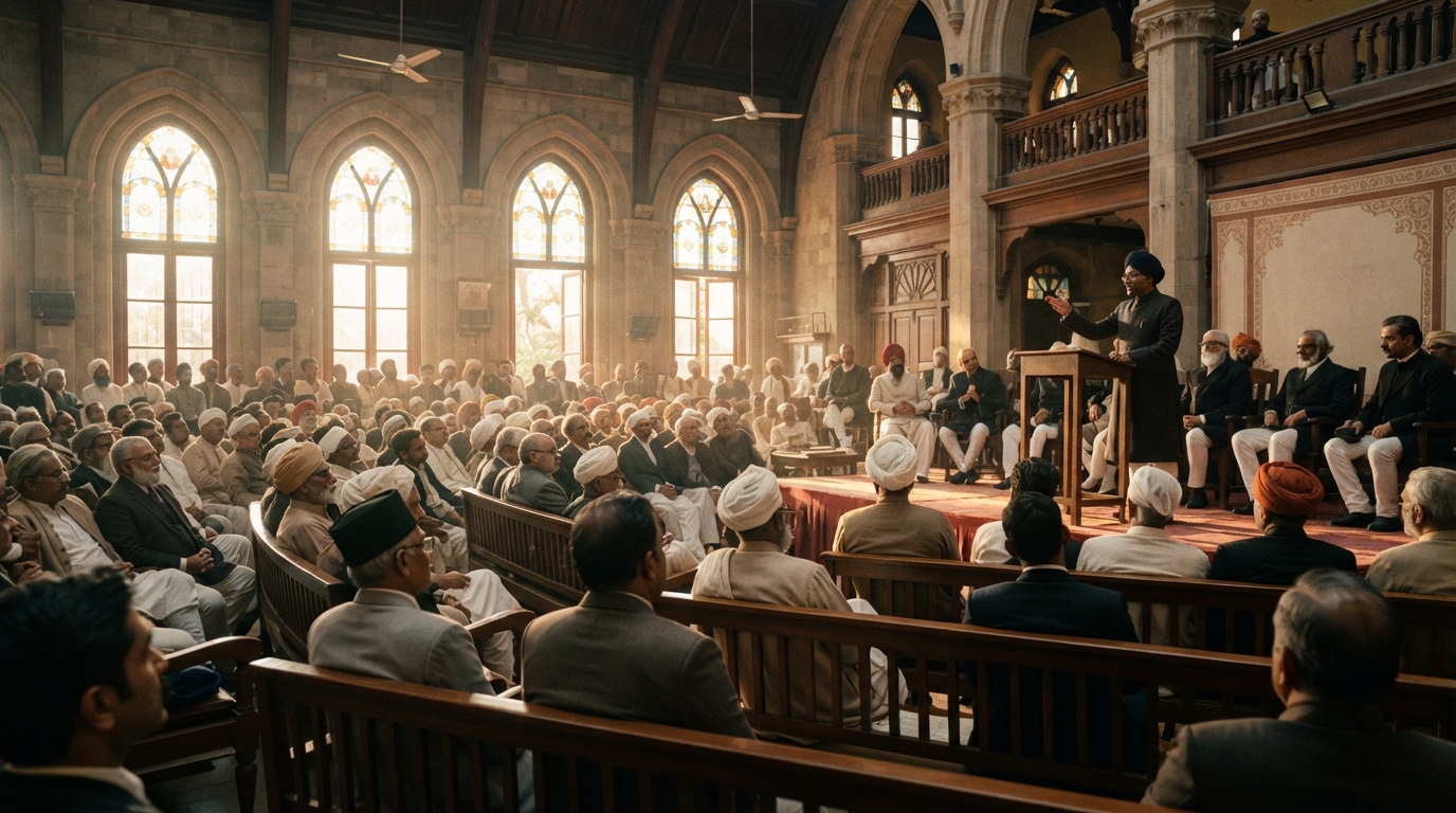 Historical re-enactment of delegates meeting at the Indian National Congress inaugural 1885 Bombay session.