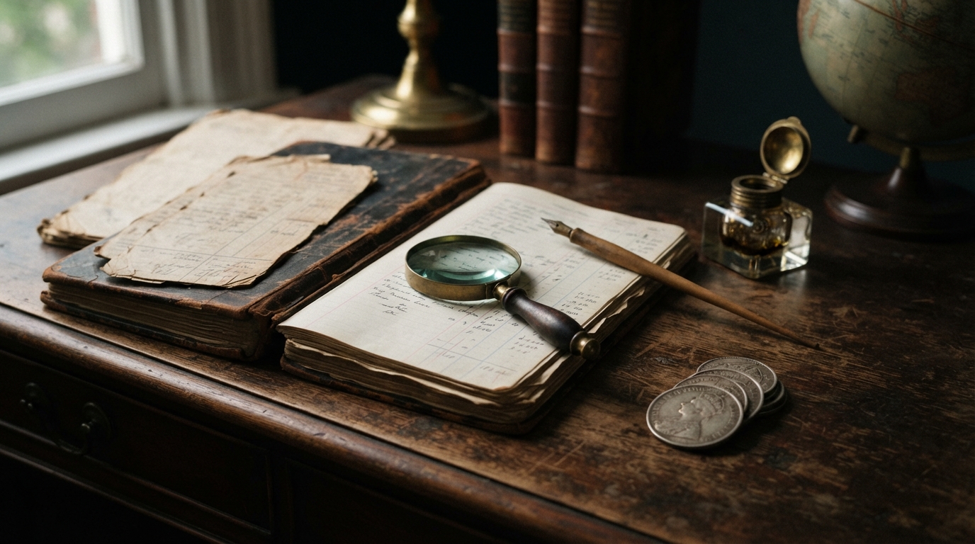 Vintage colonial manuscripts, coins, and ledger representing the Drain of Wealth economic theory.