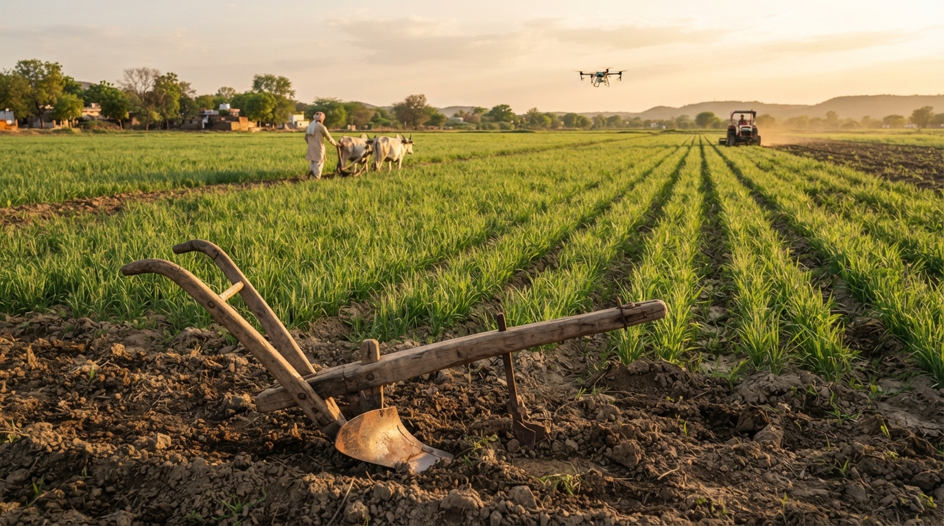 Ancient wooden plough beside modern drone over Indian wheat fields at golden hour