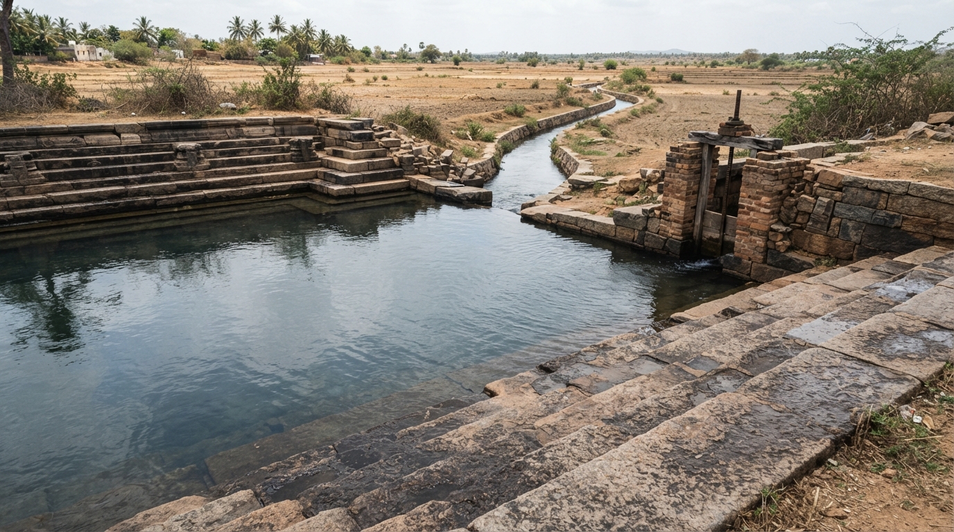 Ancient stone irrigation tank and sluice gate supplying a South Indian village field