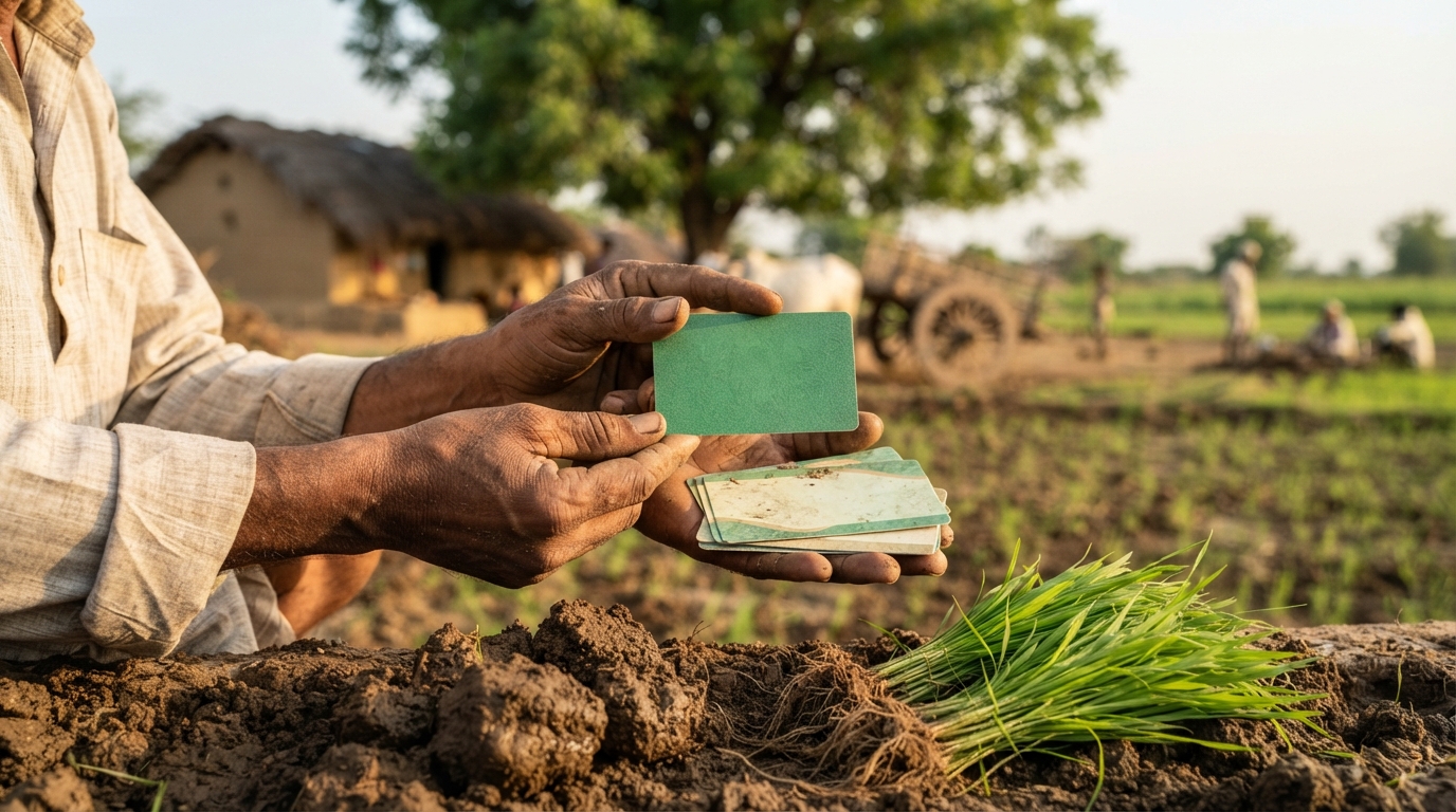Farmer's hands holding farmer ID card and soil health card above rice seedlings