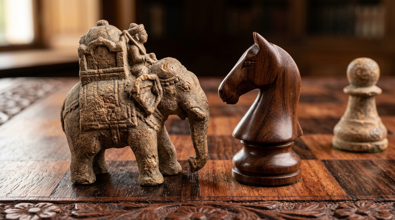 Ancient stone Chaturanga elephant facing a modern wooden knight on a carved rosewood chessboard.