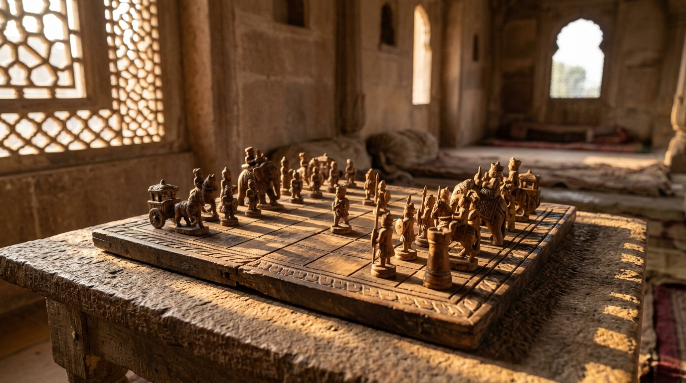 Carved wooden Chaturanga pieces representing ancient Indian military divisions on a sandstone table.