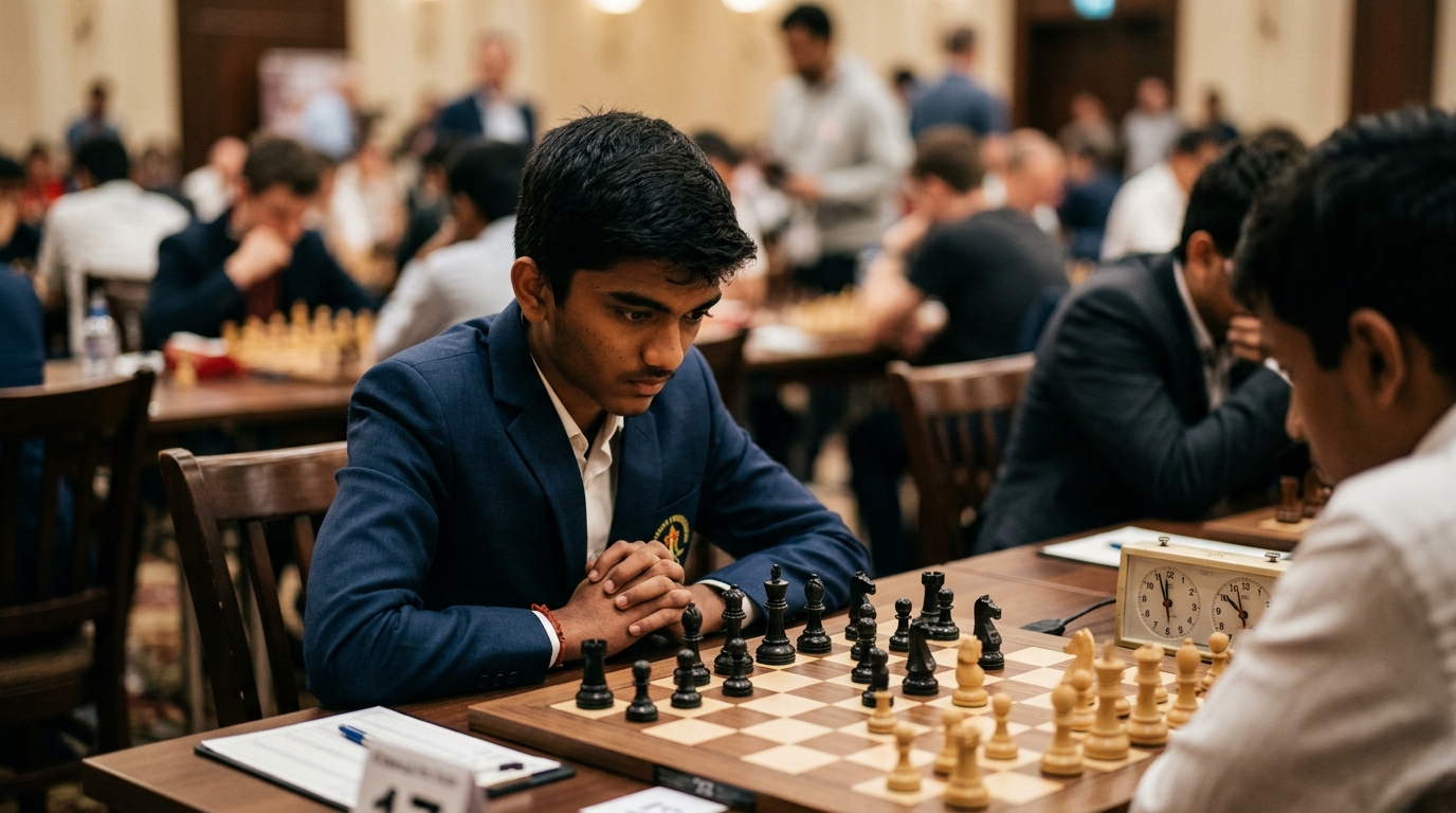 Young Indian chess prodigy analyzing a complex board position during a professional tournament.