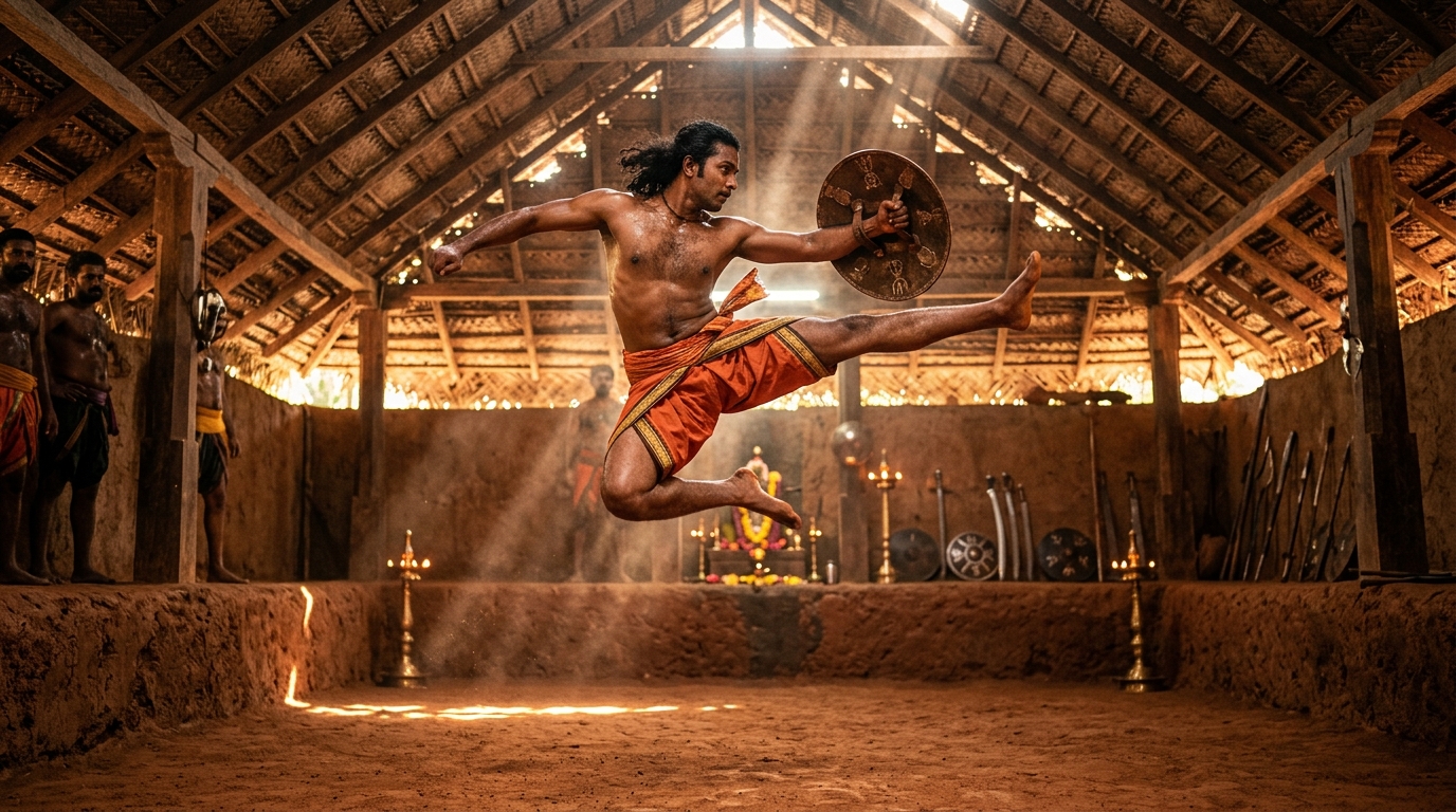 Traditional Kalaripayattu warrior performing a dynamic aerial strike in an ancient Kerala training pit.