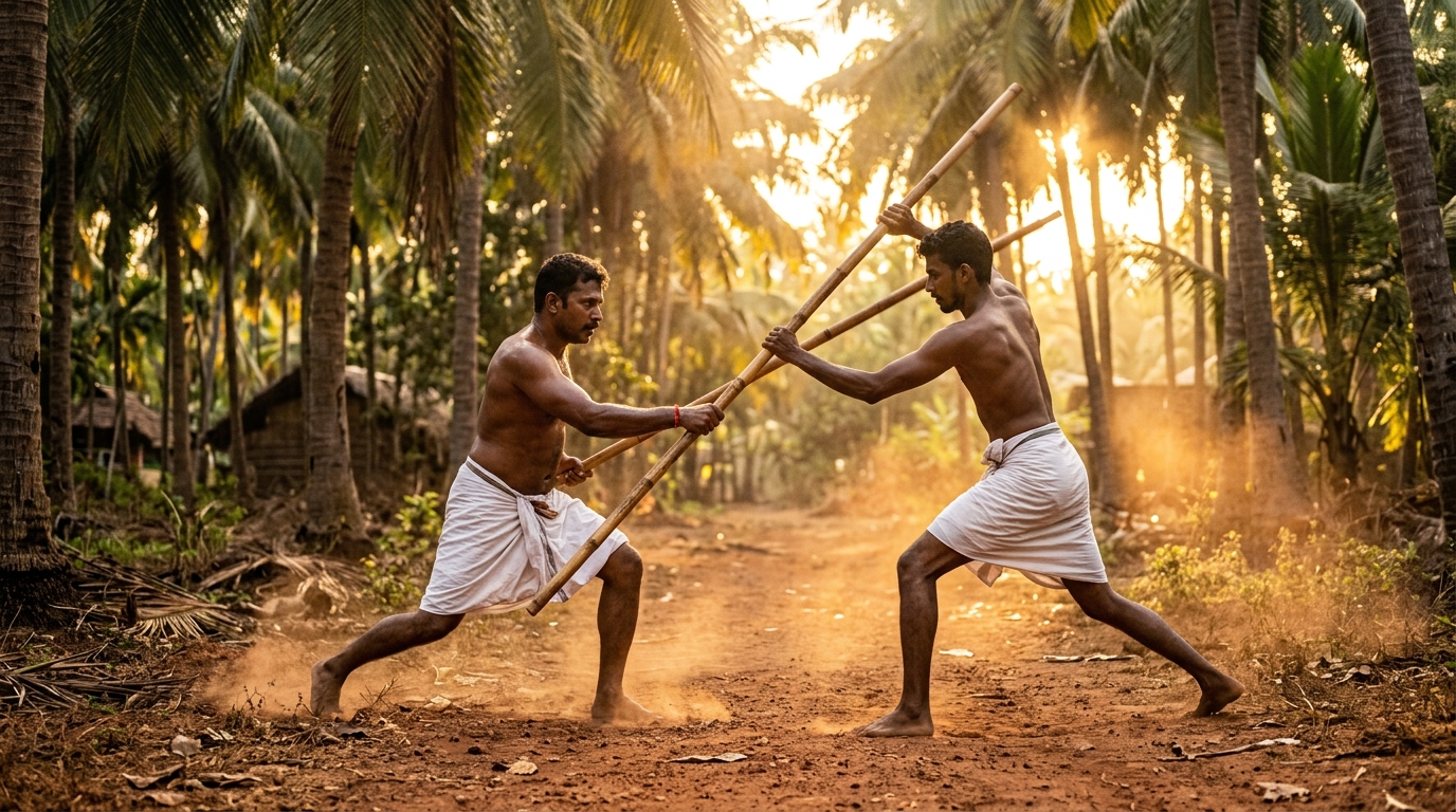Two Indian martial artists practicing traditional Silambam bamboo staff fighting in a dusty grove.