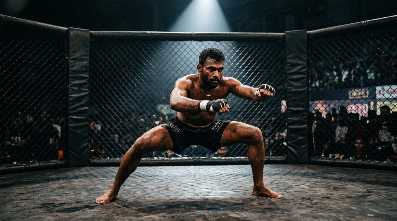 Modern Indian MMA fighter in a cage demonstrating ancient traditional martial arts footwork stances.