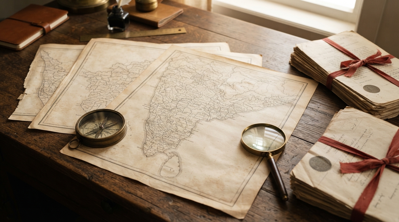 Mid-century cartography tools and historical parchment maps showing the boundary reorganization of Tamil Nadu.