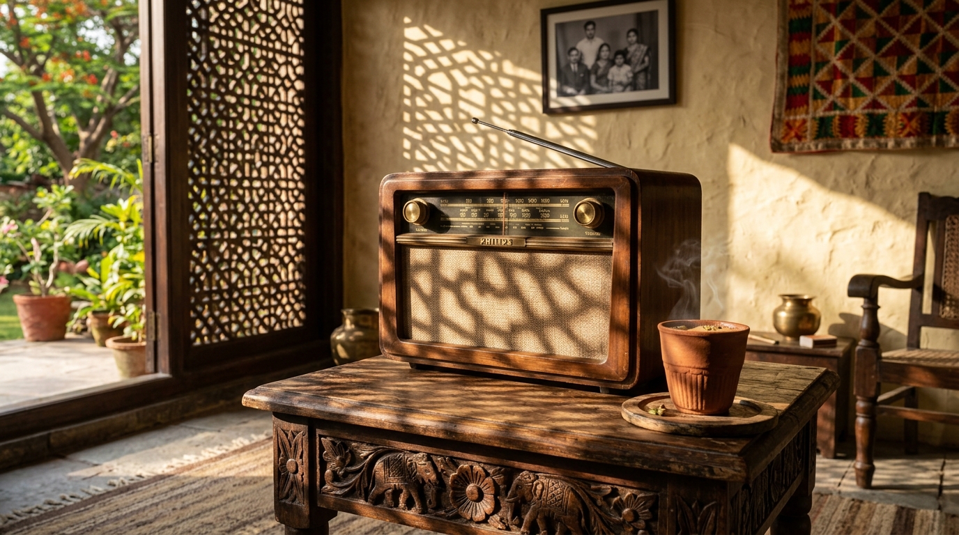 Vintage wooden transistor radio on a table in a traditional Indian home setting.