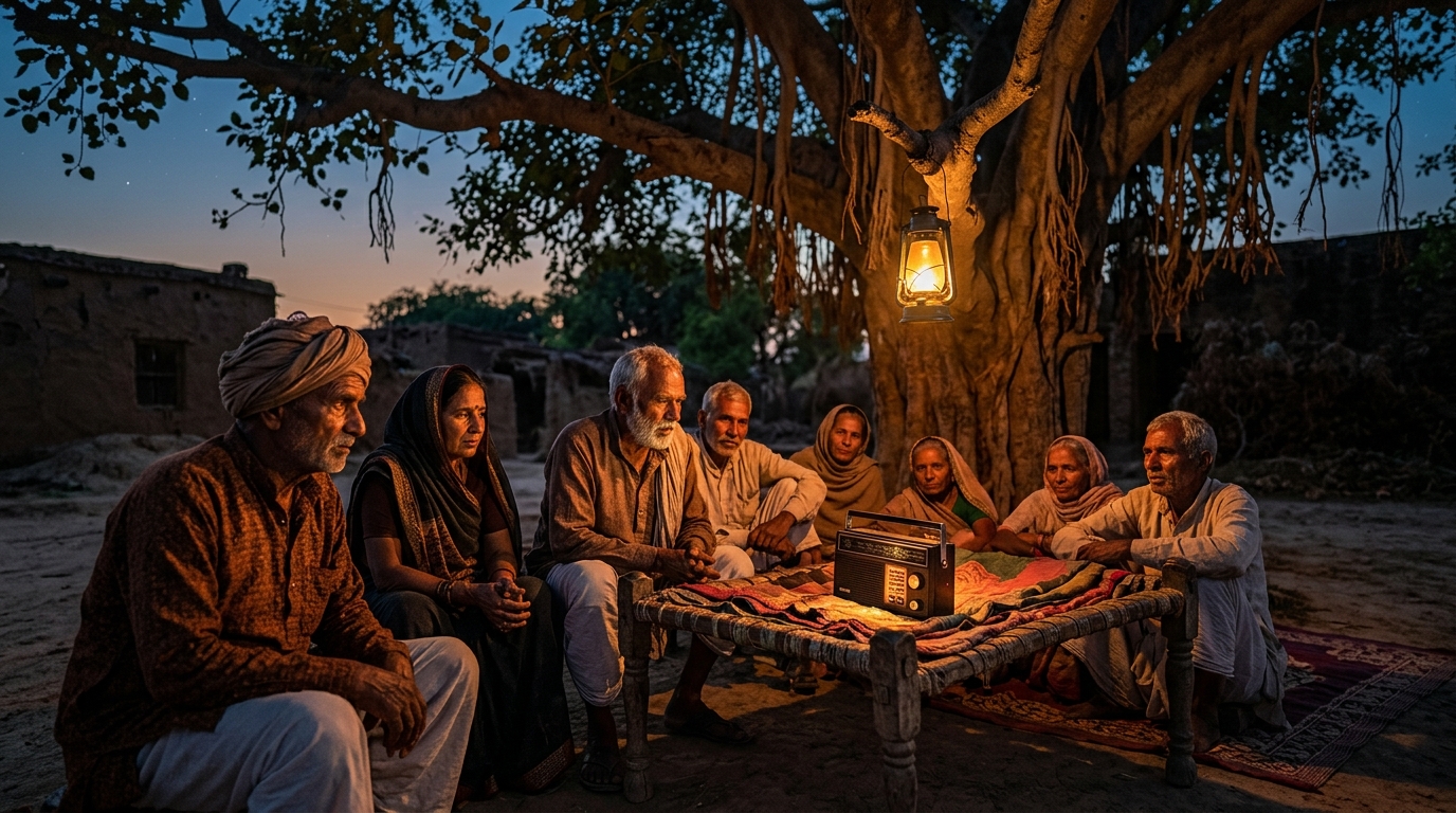 Group of rural Indian villagers gathered around a portable radio under a banyan tree.