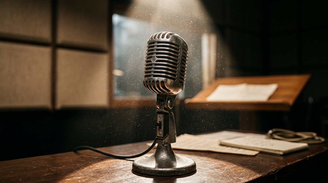 Close up of a vintage 1940s ribbon microphone in an old radio broadcasting studio.