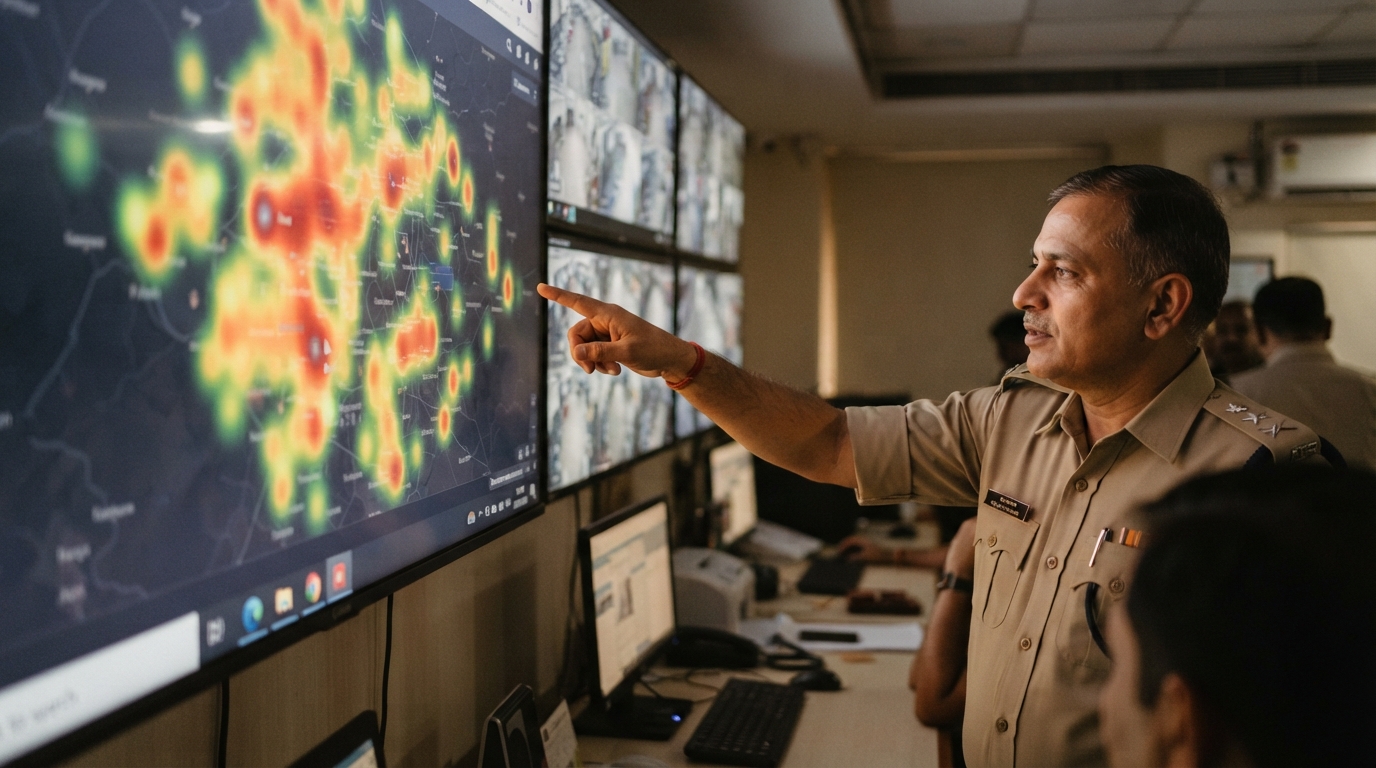 Officials monitoring crowd density maps and CCTV feeds for a large Indian pilgrimage