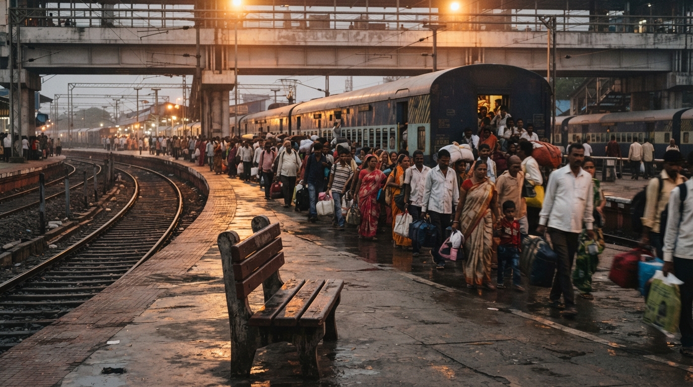 Passengers crowding a railway platform, illustrating transport data used in India crowd counts