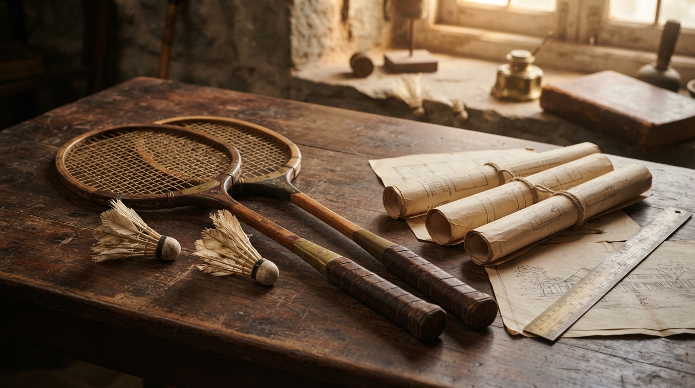 Antique wooden racquets and vintage shuttlecocks representing the early colonial origins of Indian badminton.