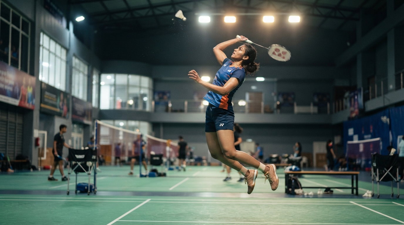 Indian badminton player executing a dynamic jump smash inside a modern indoor training facility.