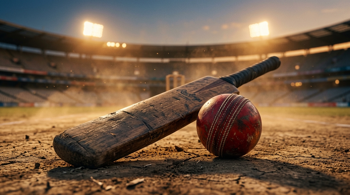 Vintage red leather cricket ball and weathered wooden bat on a dusty pitch.