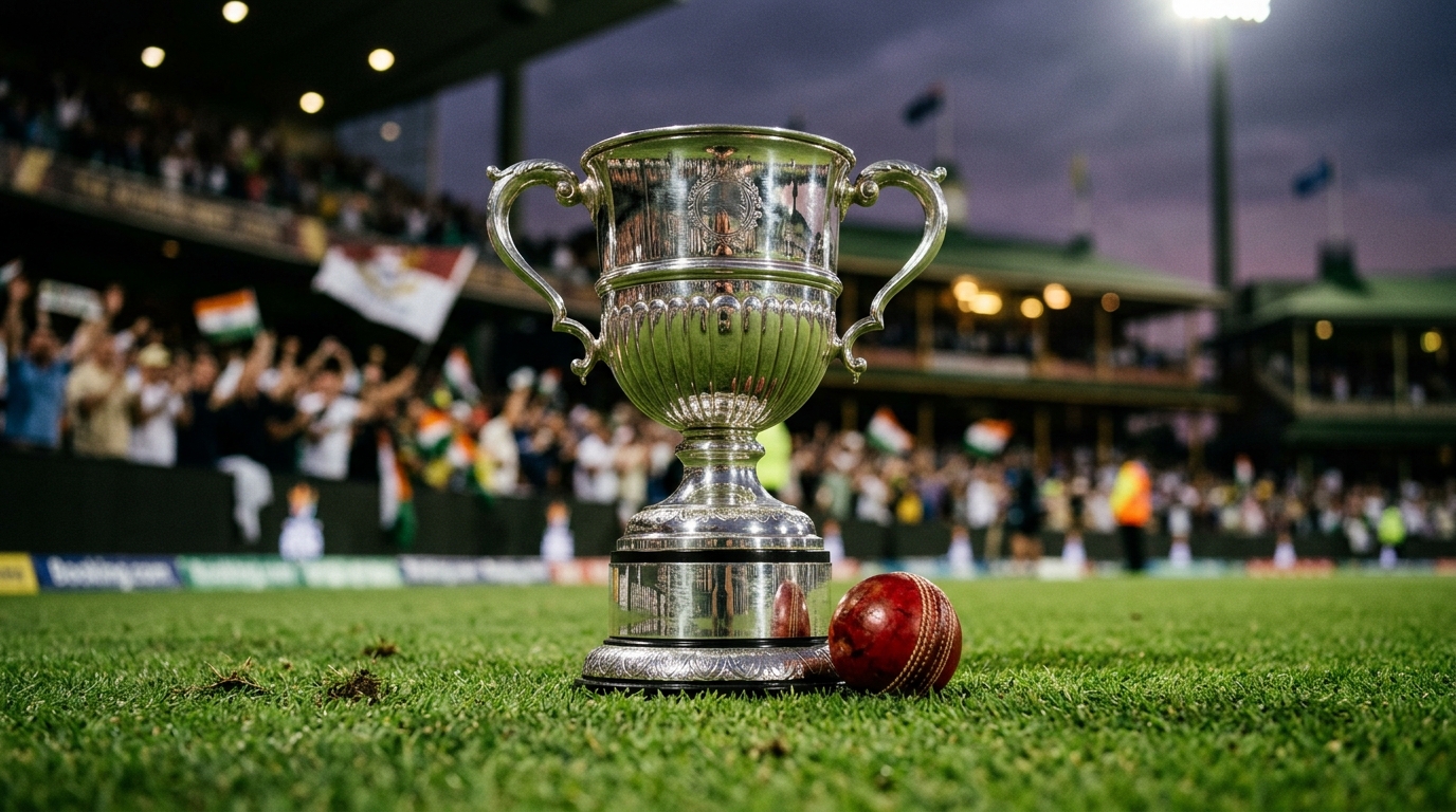Silver cricket championship trophy and red ball on a green pitch under stadium lights.