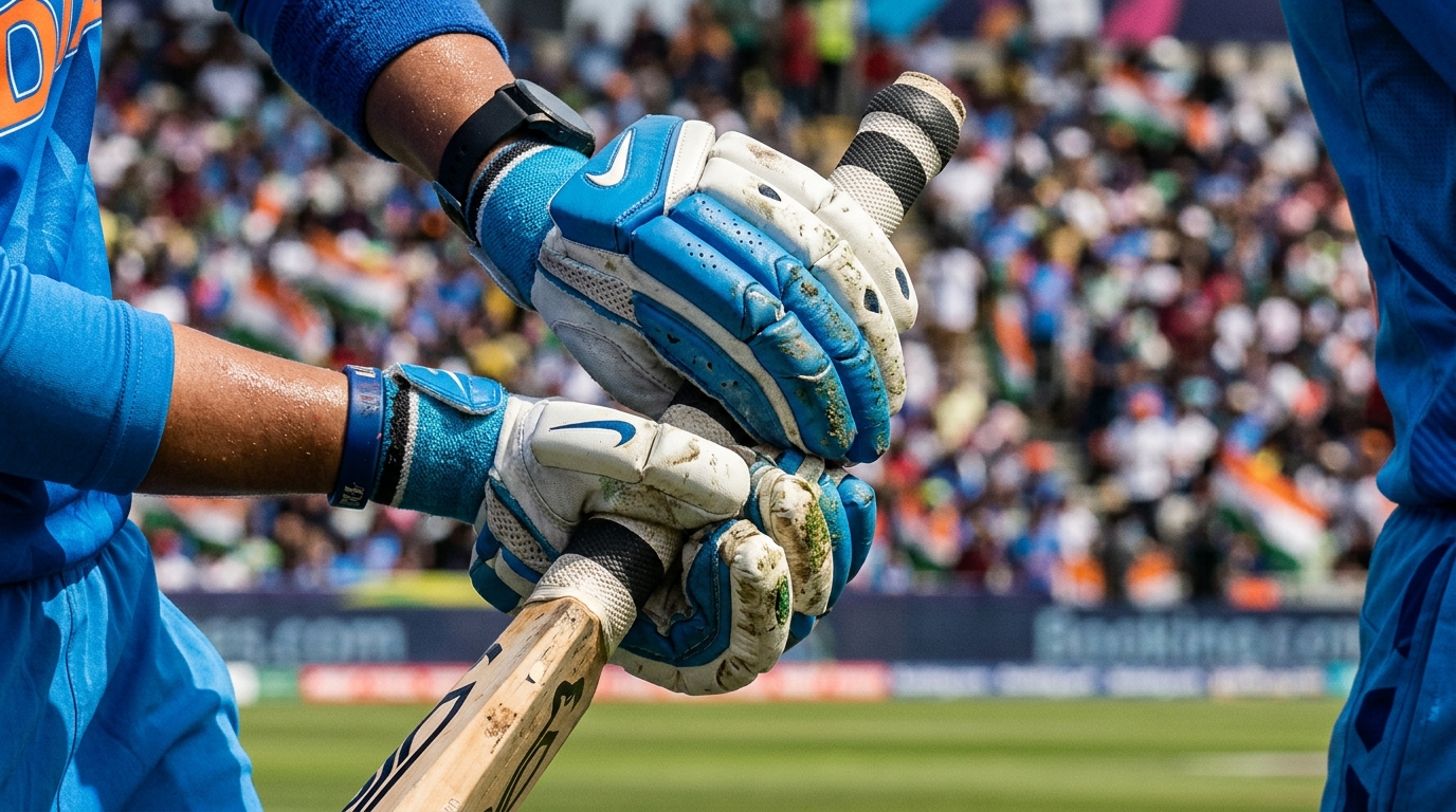 Close-up of a female cricketer's gloved hands gripping a bat in a stadium.