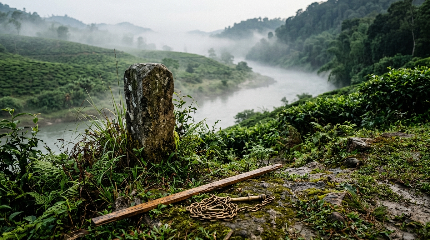 Antique boundary survey markers along a misty Assam riverbank representing post-independence border reorganisations.