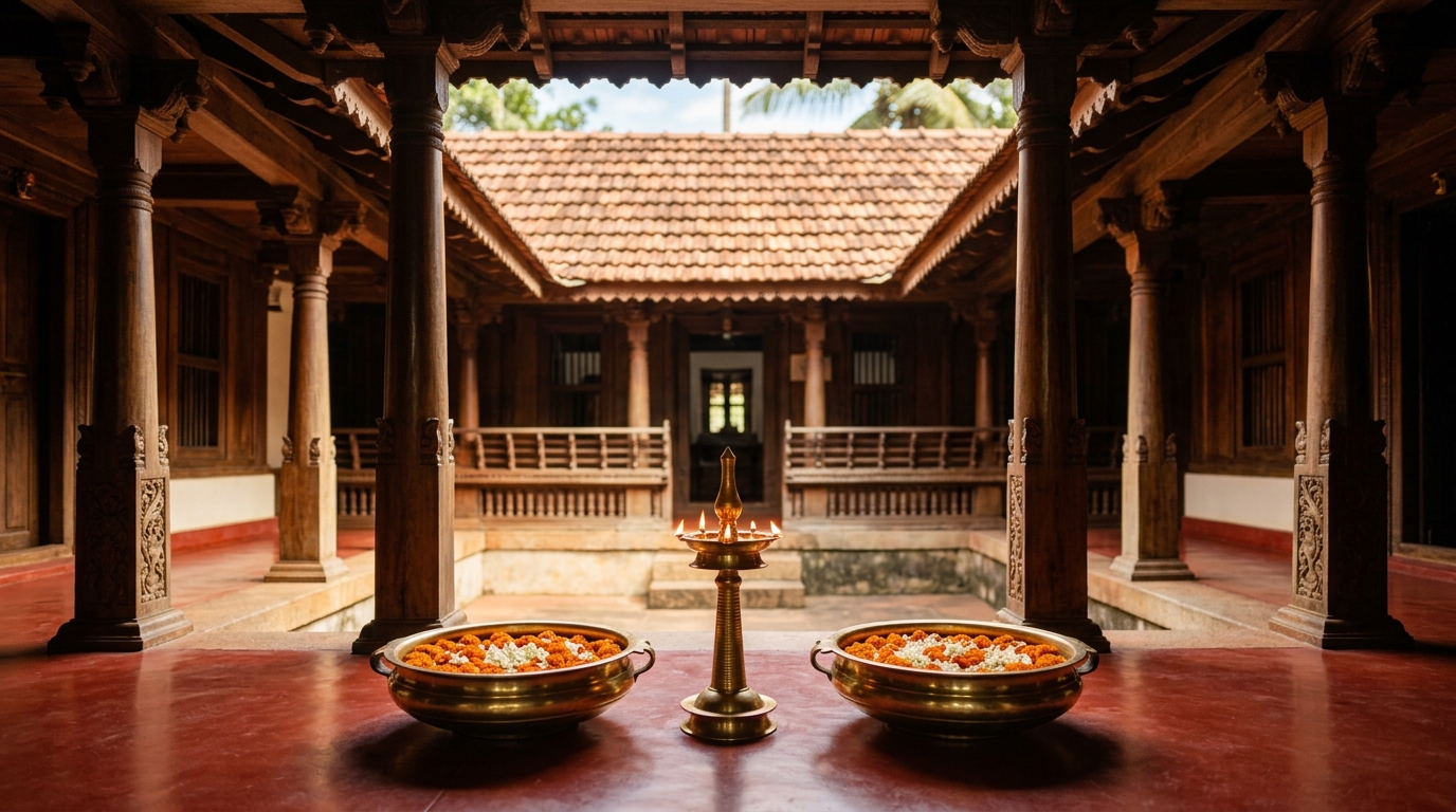 Traditional Kerala palace courtyard with bronze oil lamp reflecting regional cultural heritage and integration.