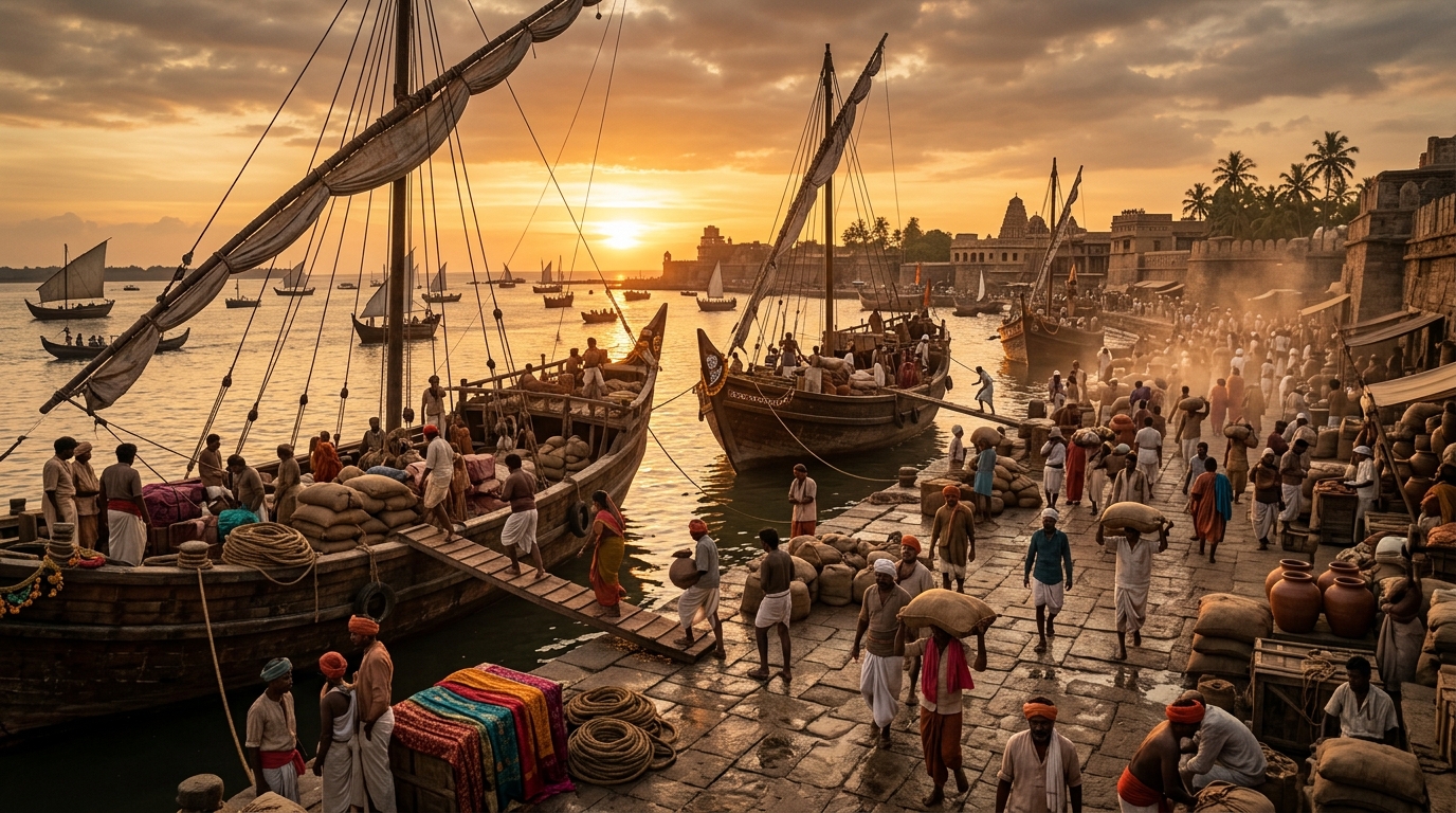 Ancient Indian port showing wooden ships and merchants trading spices on a bustling stone pier.