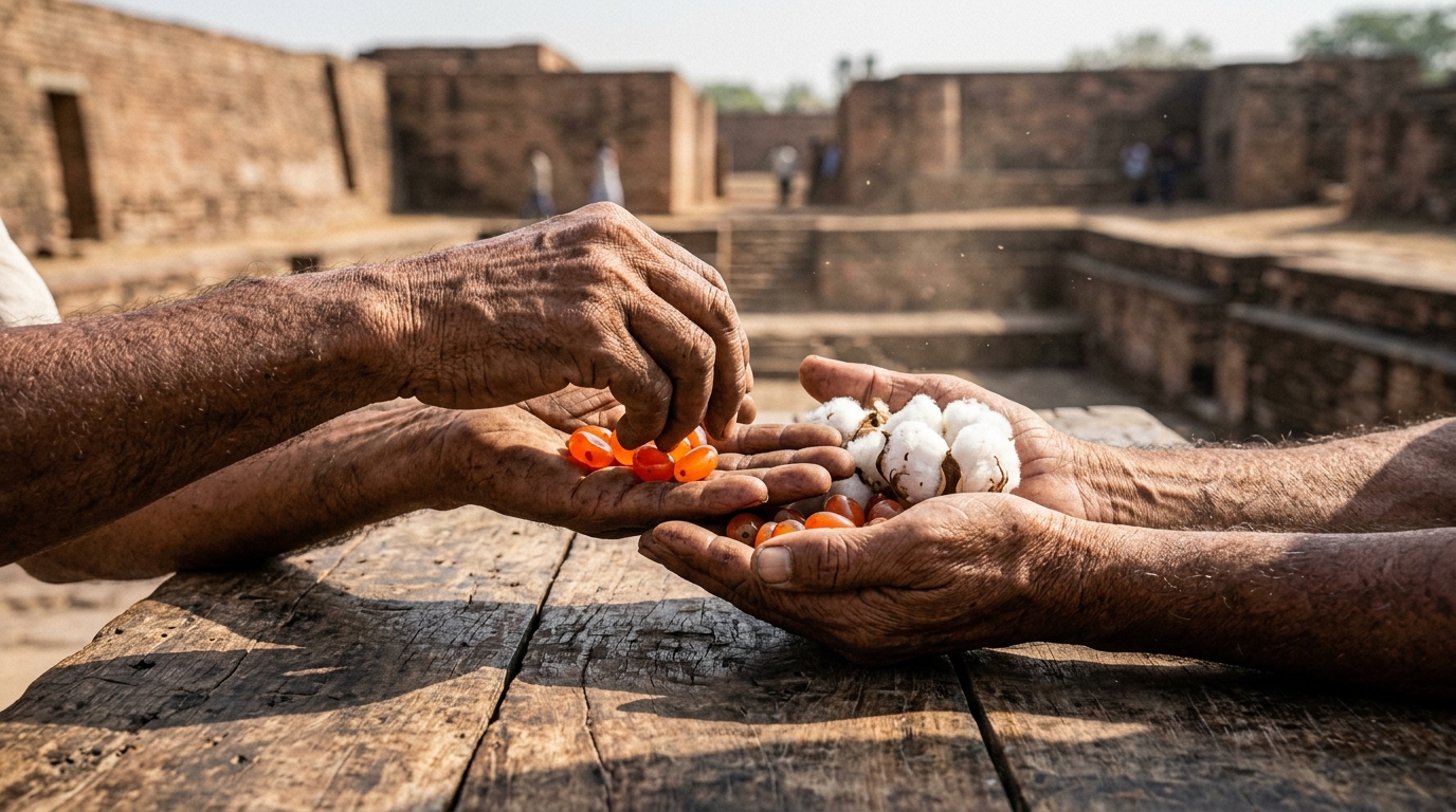 Carnelian beads and raw cotton traded at an ancient Indus Valley civilization market in Lothal.