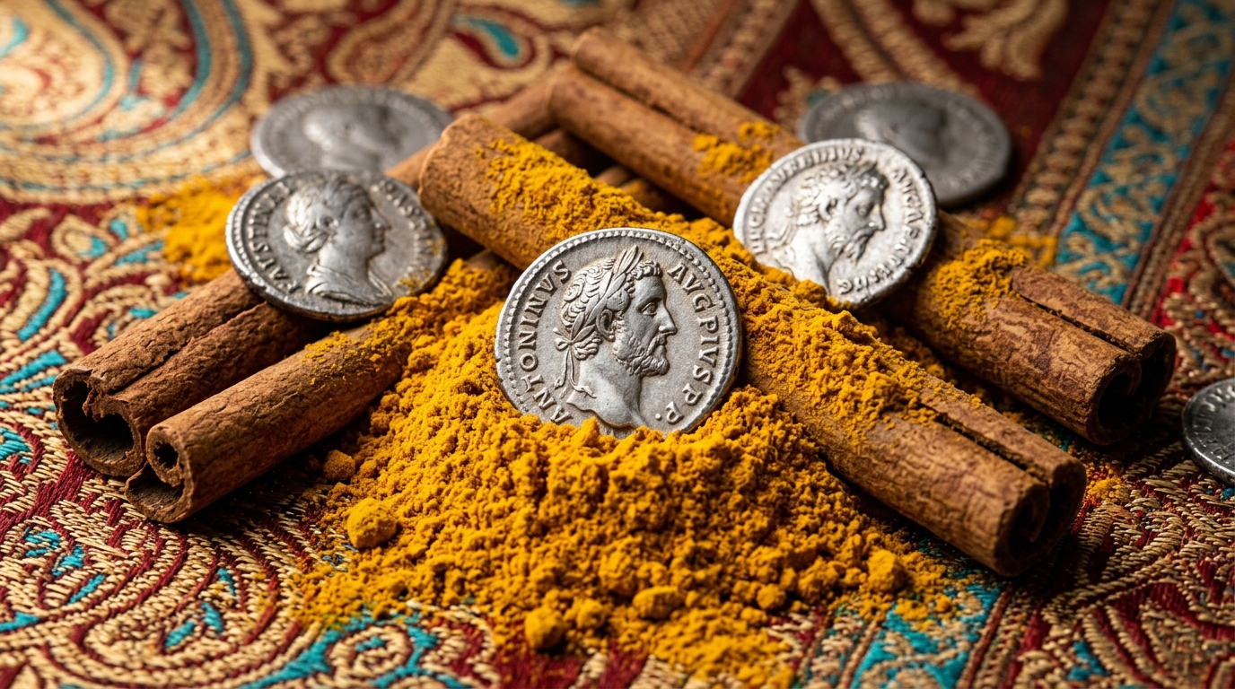 Ancient Roman silver coins resting on vibrant turmeric and cinnamon over traditional Indian silk.
