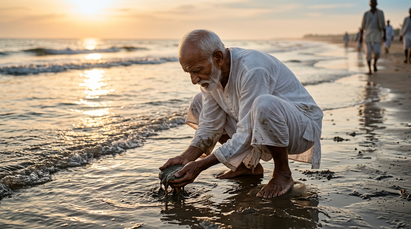 Elderly man in traditional khadi picking up salt at Dandi beach in 1930.