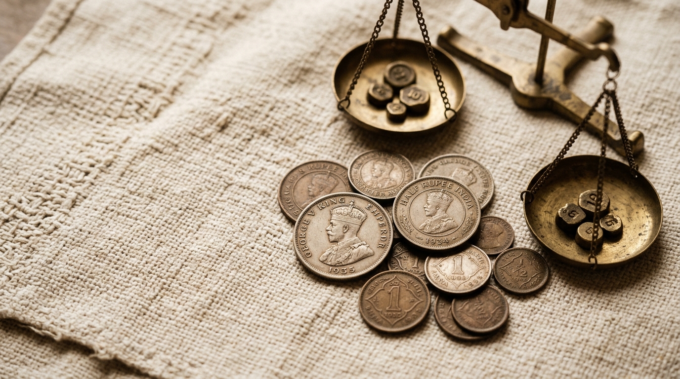 Vintage 1930s Indian coins and a brass scale representing early economic foundations.