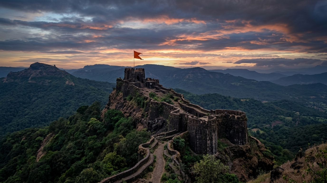 Historic 17th-century Indian stone fort in the mountains at twilight.